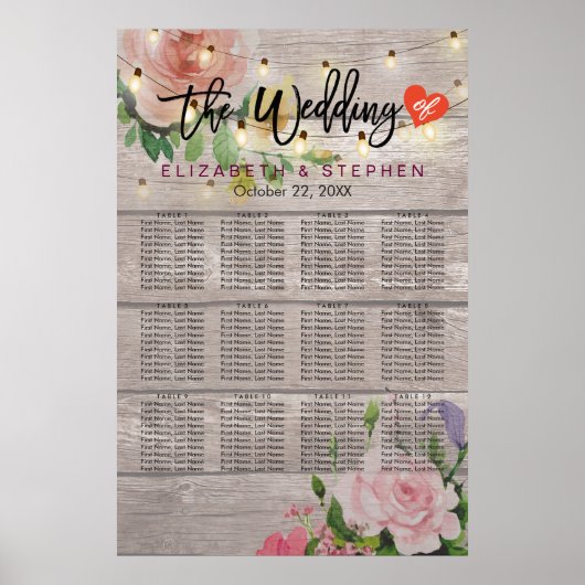 Hout Floral String Lights Wedding Seding Chart Poster (Voorkant)
