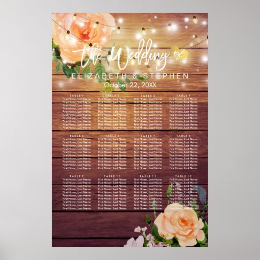 Hout Floral String Lights Wedding Seding Chart Poster (Voorkant)