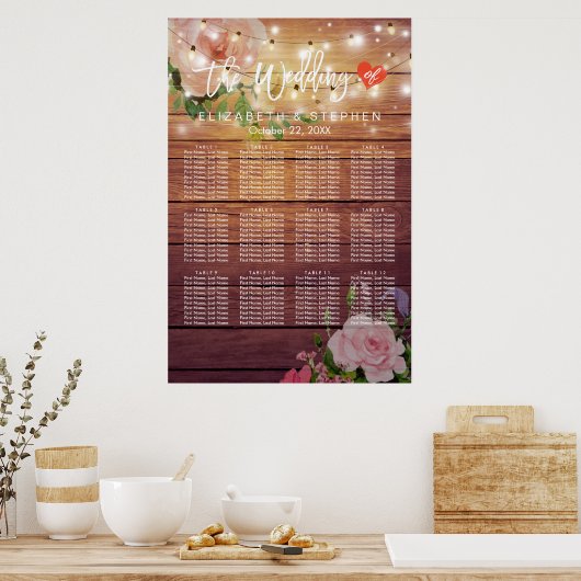 Hout Floral String Lights Wedding Seding Chart Poster (Keuken)