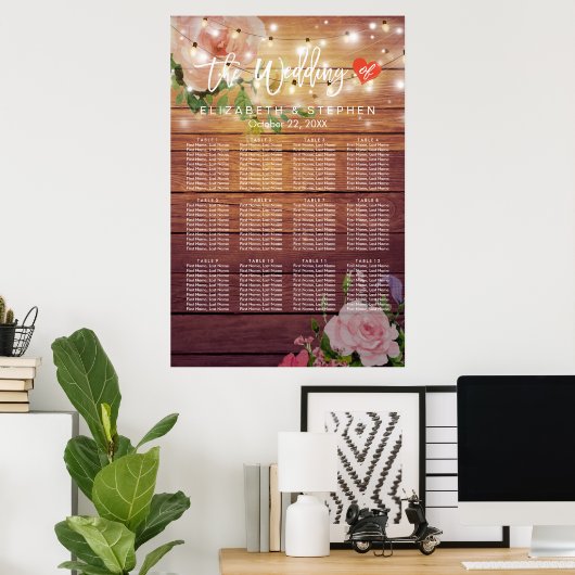Hout Floral String Lights Wedding Seding Chart Poster (Thuiskantoor)