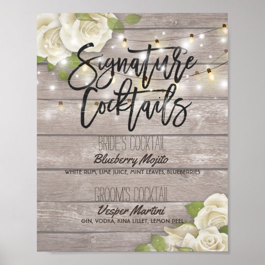 Hout Floral Wedding Signature Cocktail Drink Menu Poster (Voorkant)