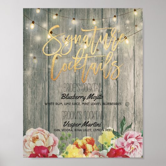 Hout Floral Wedding Signature Cocktail Drink Menu Poster (Voorkant)
