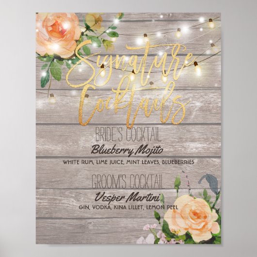 Hout Floral Wedding Signature Cocktail Drink Menu Poster (Voorkant)