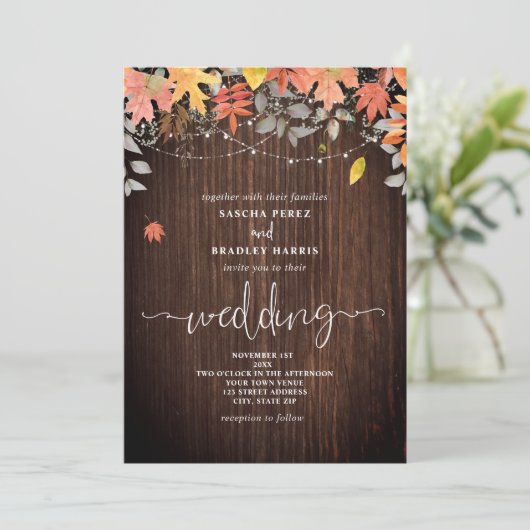 Hout Foliage leveert String Lights Fall Wedding Kaart (Staand voorkant)