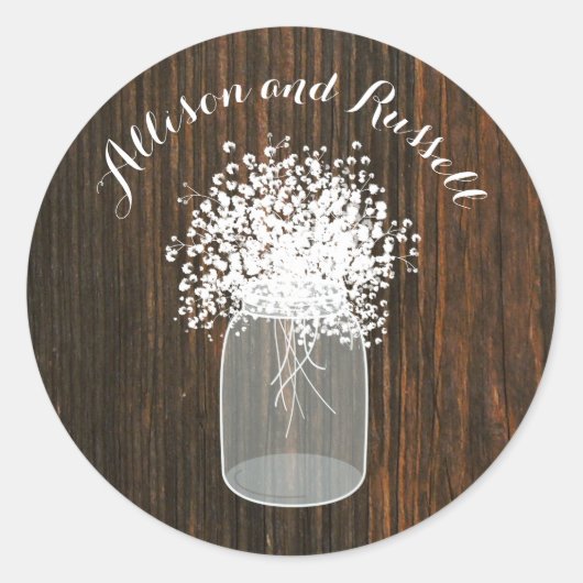 Hout geïnspireerd Mason Jar Baby's Breath Bruiloft Ronde Sticker (Voorkant)