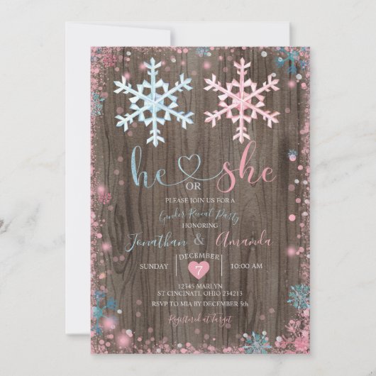 Hout Gender onthullen Hij of zij Winter Snowflakes Kaart (Voorkant)