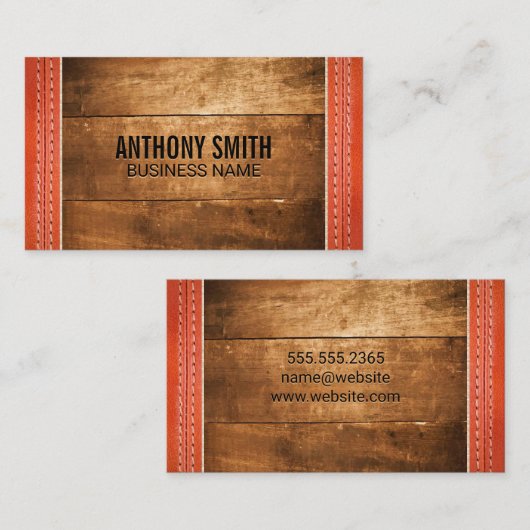 Hout | Gestikt Leer Visitekaartje (Voorkant / Achterkant)