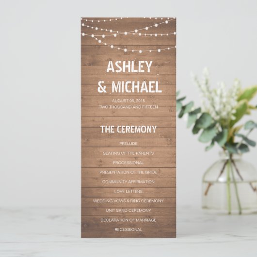 Hout Graan en String Lights Trouwprogramma Programmakaart (Staand voorkant)