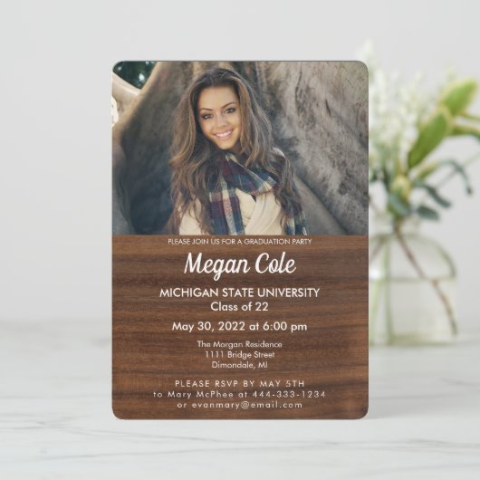 Hout Grain Foto Afstuderen Uitnodiging (Staand voorkant)