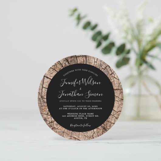 Hout Grain Rustic Wedding Boho Black Uitnodiging (Staand voorkant)
