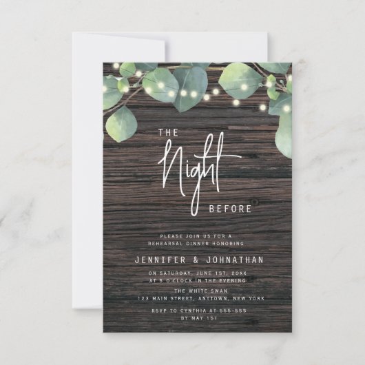 Hout Greenery Lights Rehearsal Dinner Invitation Kaart (Voorkant)