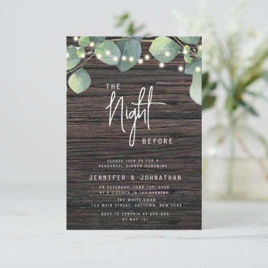 Hout Greenery Lights Rehearsal Dinner Invitation Kaart (Staand voorkant)