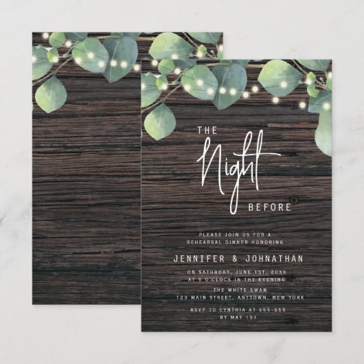 Hout Greenery Lights Rehearsal Dinner Invitation Kaart (Voorkant / Achterkant)