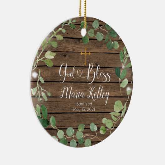 Hout Greenery Personalized Boy or Girl Baptisme Keramisch Ornament (Rechts)