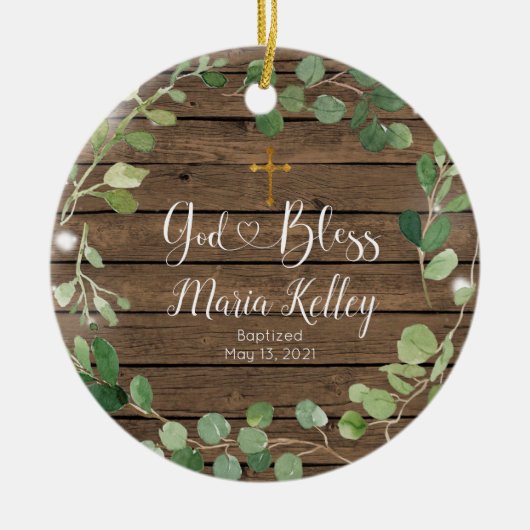 Hout Greenery Personalized Boy or Girl Baptisme Keramisch Ornament (Voorkant)