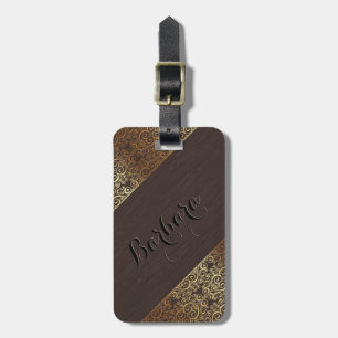 Hout Grijs Kijk Gouden Bloemen Swirls 2 Bagagelabel