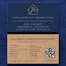 Hout Handyman Constructie Navyblauw Goud QR-code Visitekaartje