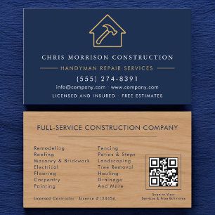 Hout Handyman Constructie Navyblauw Goud QR-code Visitekaartje