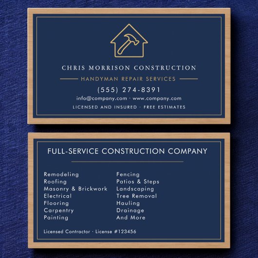 Hout Handyman Constructie Navyblauw Goud Visitekaartje