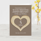 Hout hart 5e trouwdag kaart (Gele Bloem)