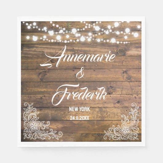 Hout, Kant en Twinkle Lights Bruiloft Servet (Voorkant)