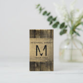 Hout Kijk Rustic Burlap Monogram #3 Visitekaartje (Staand voorkant)