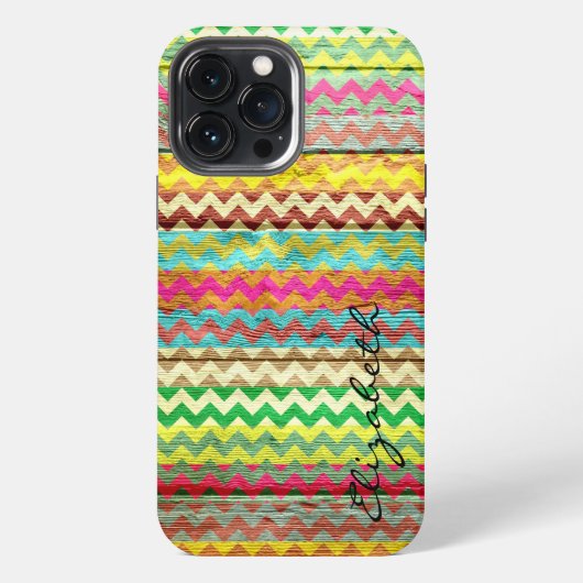 Hout Kleurrijke Chevron Strepen Monogram iPhone Hoesje (Achterkant)