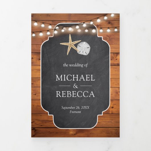 Hout Krijtbord Zeester Zand Dollar Strand Bruiloft Drieluik Uitnodiging (Cover)