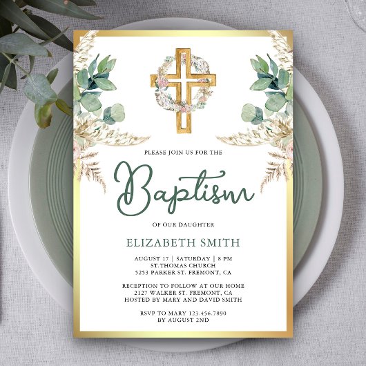 Hout Kruis Boho Pampas Eucalyptus Goud Doopfeest Kaart
