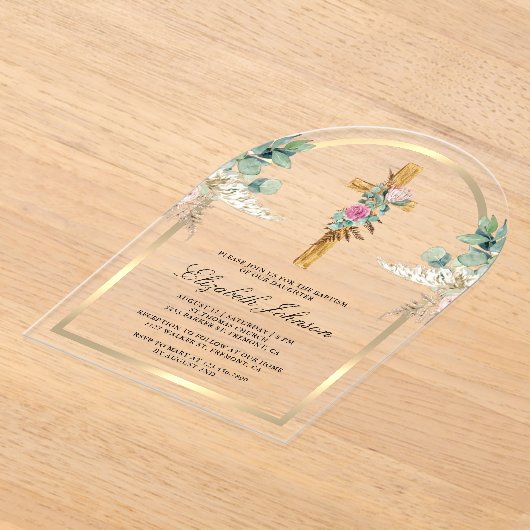 Hout Kruis Gouden Boog Pampas Eucalyptus Doop Acryl Uitnodigingen (Laagn)