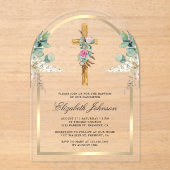 Hout Kruis Gouden Boog Pampas Eucalyptus Doop Acryl Uitnodigingen (Voorkant)