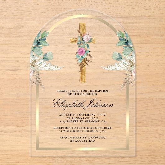 Hout Kruis Gouden Boog Pampas Eucalyptus Doop Acryl Uitnodigingen (Voorkant)