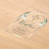 Hout Kruis Pampas Eucalyptus Gouden Boog Doop Acryl Uitnodigingen (Laagn)