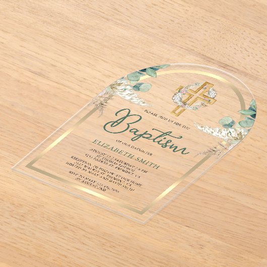 Hout Kruis Pampas Eucalyptus Gouden Boog Doop Acryl Uitnodigingen (Laagn)