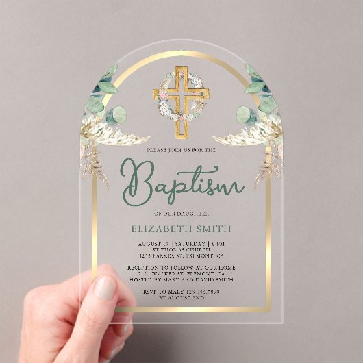 Hout Kruis Pampas Eucalyptus Gouden Boog Doop Acryl Uitnodigingen (Insitu (Draagbaar))