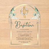 Hout Kruis Pampas Eucalyptus Gouden Boog Doop Acryl Uitnodigingen (Voorkant)