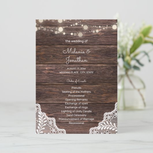 Hout-, Lace String Lights Wedding Ceremony-program Kaart (Staand voorkant)