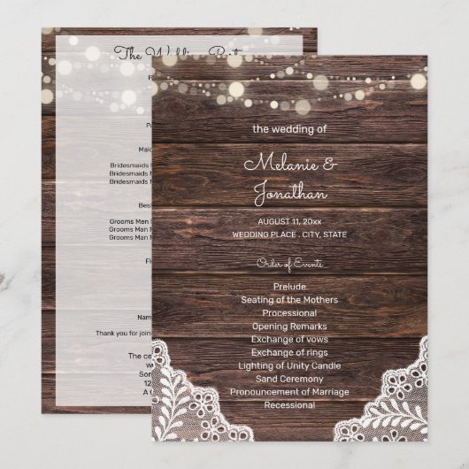 Hout-, Lace String Lights Wedding Ceremony-program Kaart (Voorkant / Achterkant)