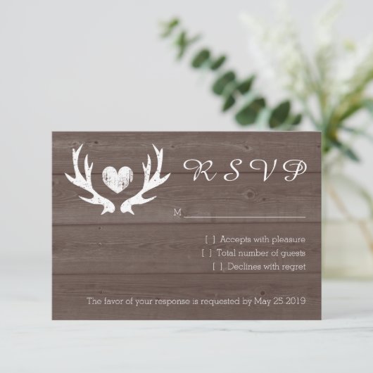Hout land chique herten gewei RSVP trouwkaarten (Staand voorkant)