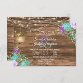 Hout, Lantaarn en Blauwgroen en Paarse Flower Wedd Kaart (Voorkant / Achterkant)