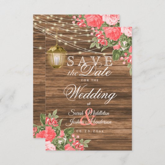 Hout, lantaarn en koraalbloem - Save the Date (Voorkant / Achterkant)