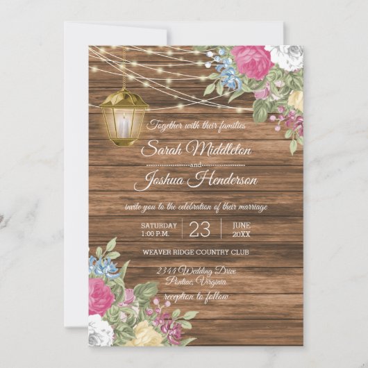 Hout, lantaarn en mooie lente bloem bruiloft kaart (Voorkant)