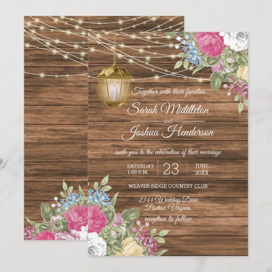 Hout, lantaarn en mooie lente bloem bruiloft kaart (Voorkant / Achterkant)