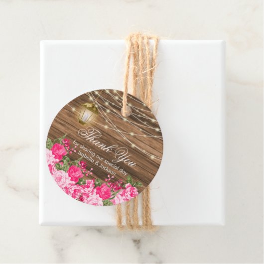 Hout, lantaarn en  roze bloemen - Hartelijk dank Bedankjes Labels (In situ)