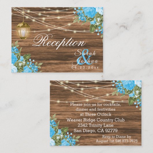 Hout, lantaarns en Baby Blue Flower - Receptie Informatiekaartje (Voorkant / Achterkant)