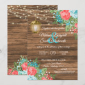 Hout, Lantaarns met Blauwgroen, Koraalbloem bruilo Kaart (Voorkant / Achterkant)