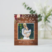 Hout Licht Burgundy Floral Foto Save the Date Briefkaart (Staand voorkant)