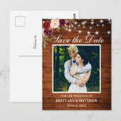 Hout Licht Burgundy Floral Foto Save the Date Briefkaart (Voorkant / Achterkant)
