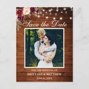 Hout Licht Burgundy Floral Foto Save the Date Briefkaart
