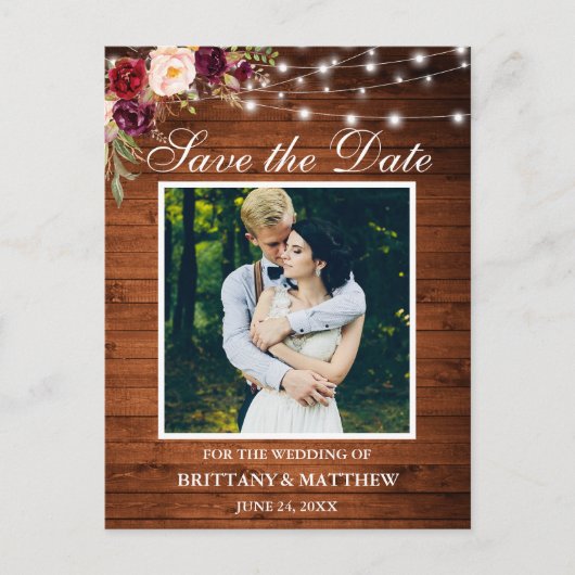 Hout Licht Burgundy Floral Foto Save the Date Briefkaart (Voorkant)